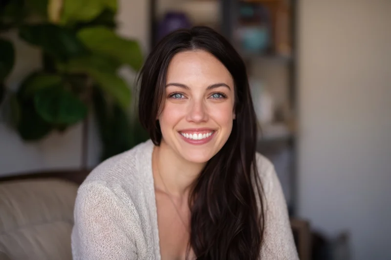 Smiling woman with long dark hair wearing a light knit sweater indoors