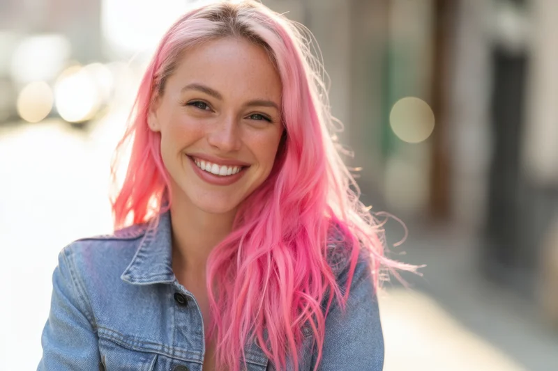 Smiling woman with long pink hair wearing a denim jacket outdoors