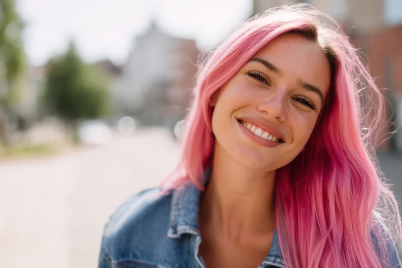 Smiling woman with long pink hair wearing a denim jacket outdoors