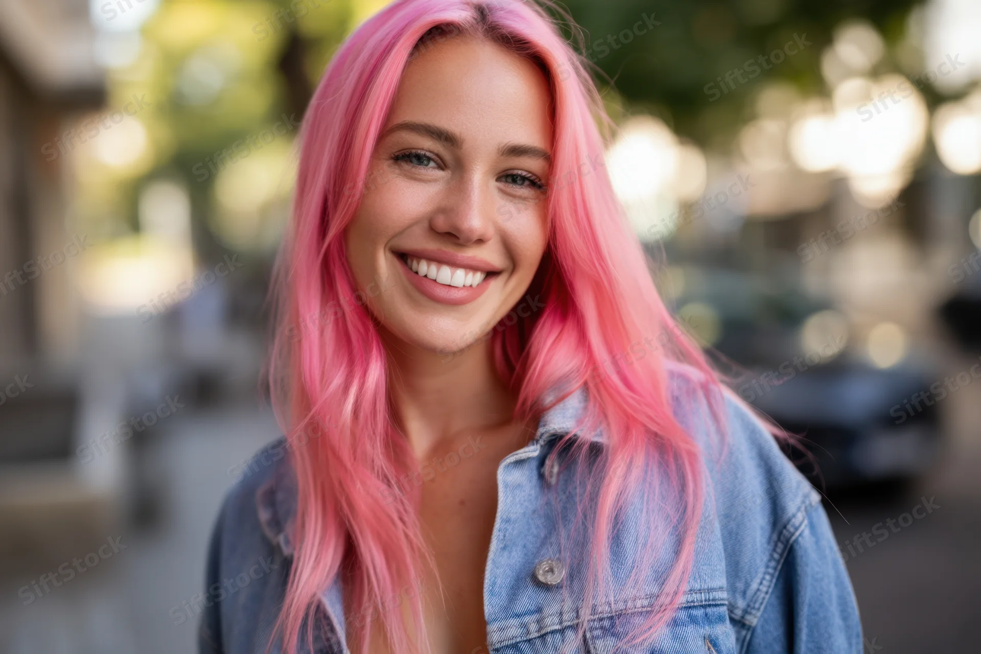 Smiling woman with long pink hair wearing a denim jacket outdoors