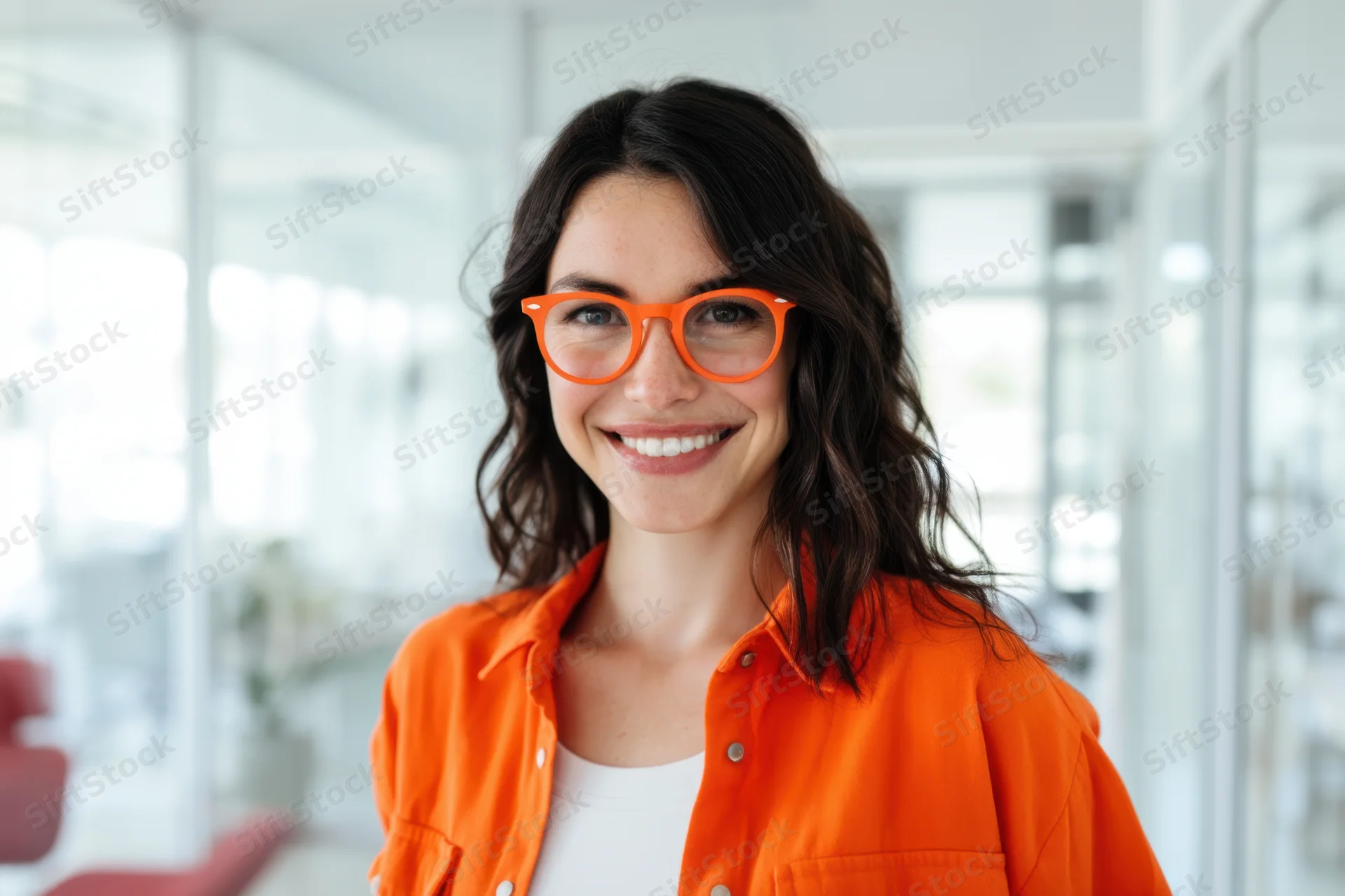 Smiling woman in orange glasses and shirt standing in modern office interior