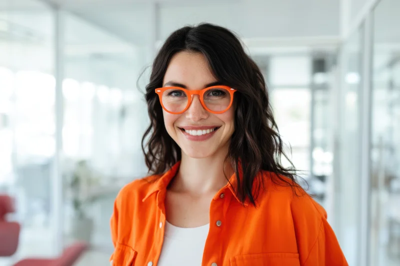 Smiling woman in orange glasses and shirt standing in modern office interior