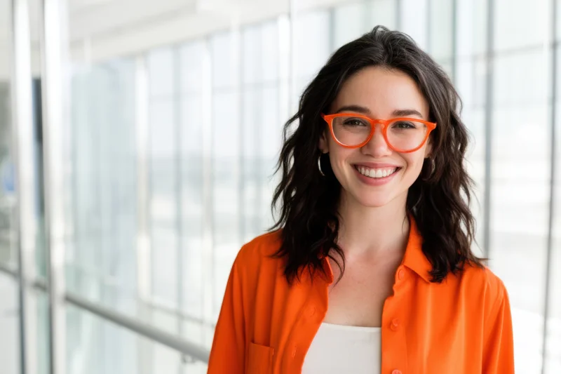 Smiling woman in orange glasses and shirt standing in modern office interior