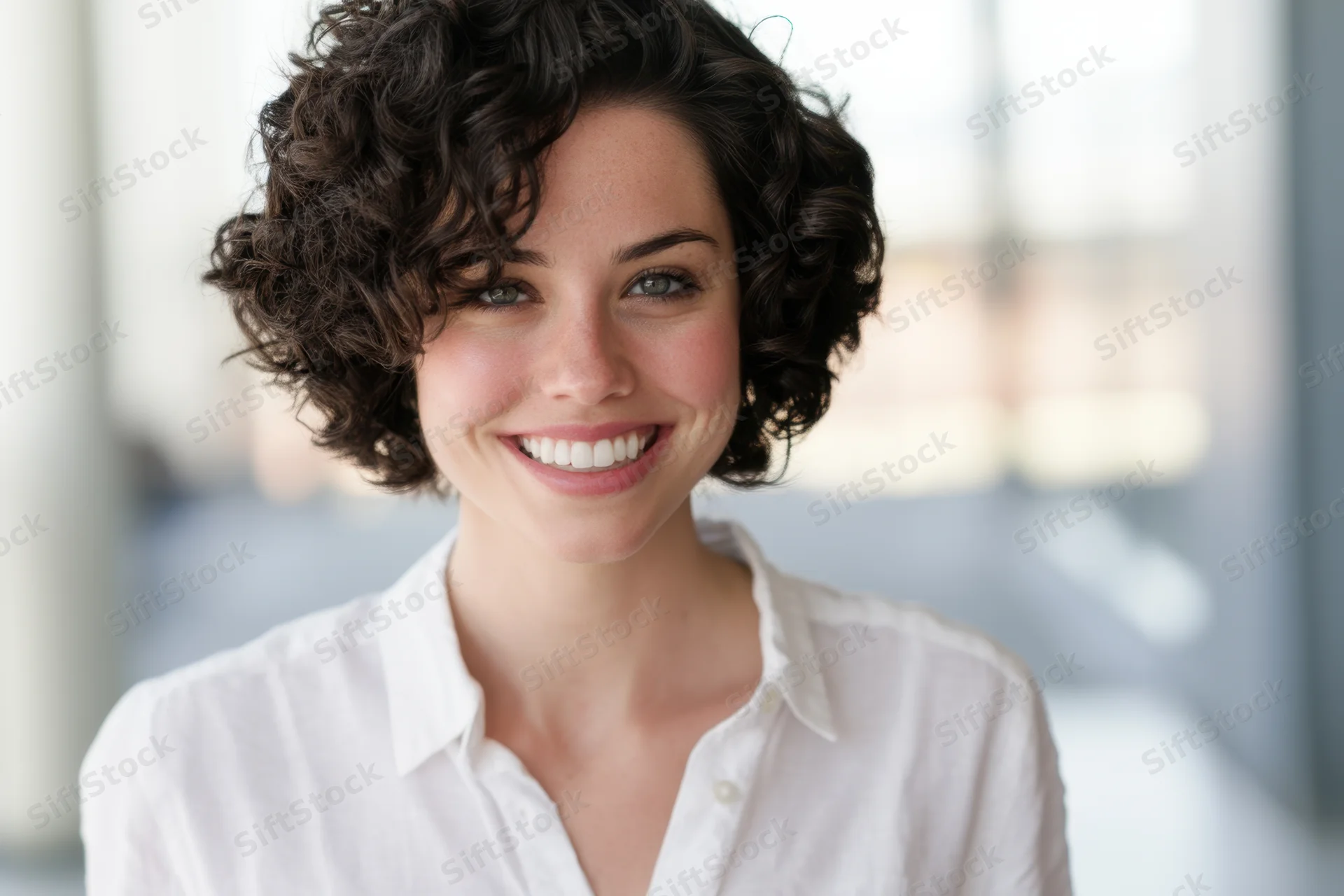 Smiling woman with short curly dark hair wearing a white shirt indoors