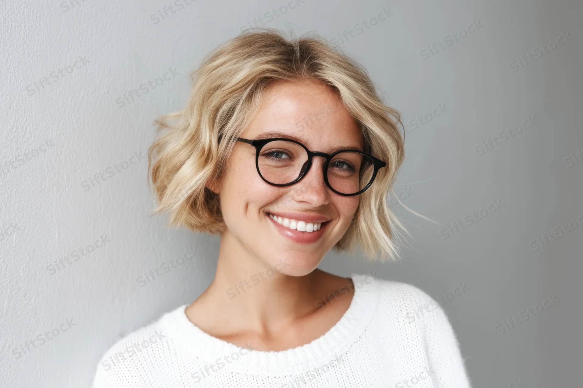 Smiling woman with short wavy blonde hair and black-rimmed glasses wearing white knit sweater against gray background