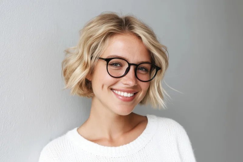 Smiling woman with short wavy blonde hair and black-rimmed glasses wearing white knit sweater against gray background