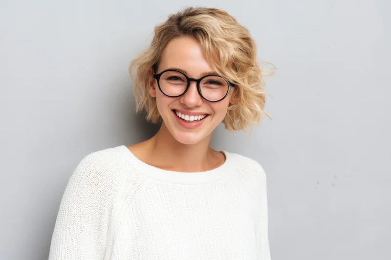 Smiling woman with short wavy blonde hair and black-rimmed glasses wearing white knit sweater against light gray background