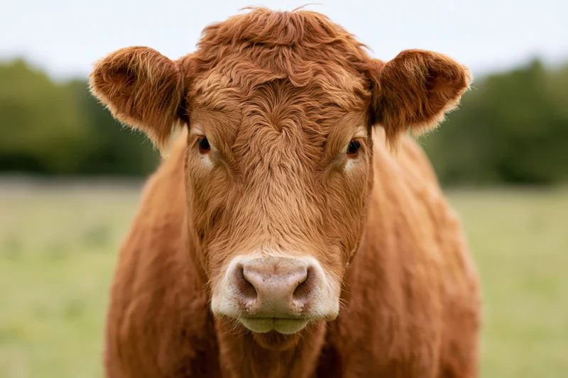 Limousin beef cow facing camera in close-up portrait in a green pasture