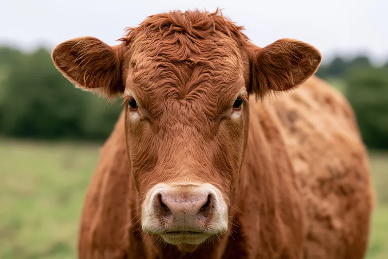 Close-up portrait of a limousin beef cow facing the camera in a grassy field