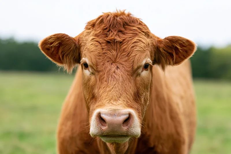 Limousin beef cow facing camera in close-up portrait on green pasture