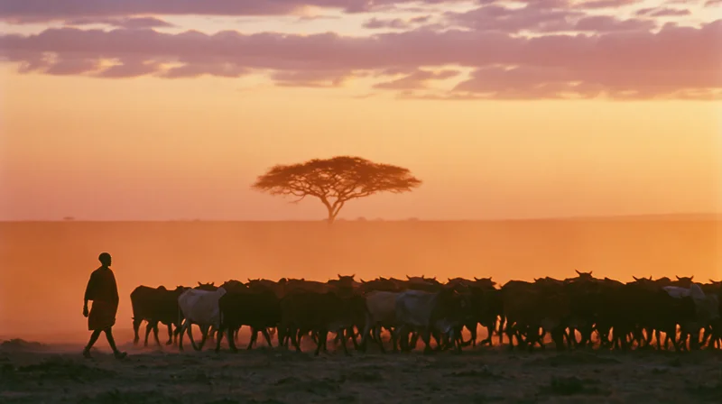 Maasai herder walking alongside a moving cattle herd on the savanna at sunset