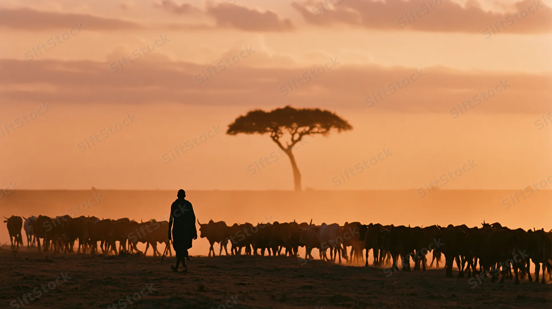 Maasai herder walking alongside a moving cattle herd on the savanna at sunset