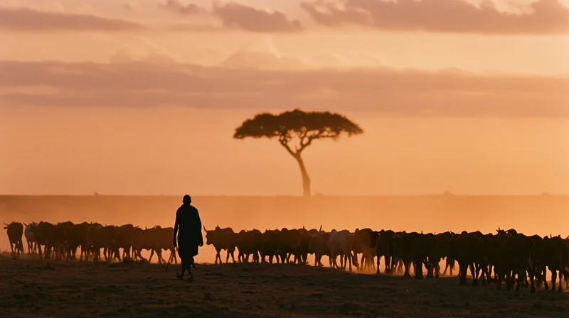 Maasai herder walking alongside a moving cattle herd on the savanna at sunset