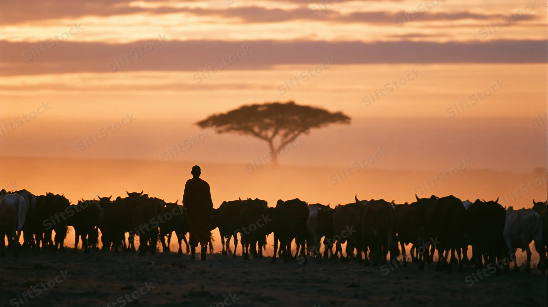 Maasai herder walking alongside a moving cattle herd on the savanna at sunset