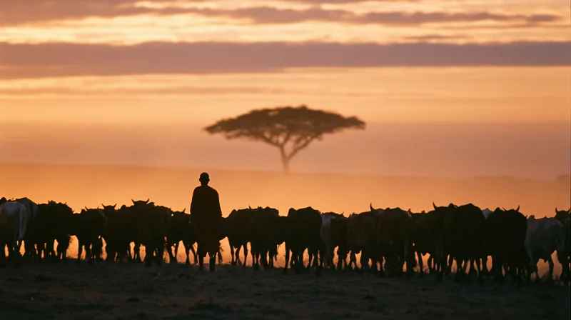 Maasai herder walking alongside a moving cattle herd on the savanna at sunset