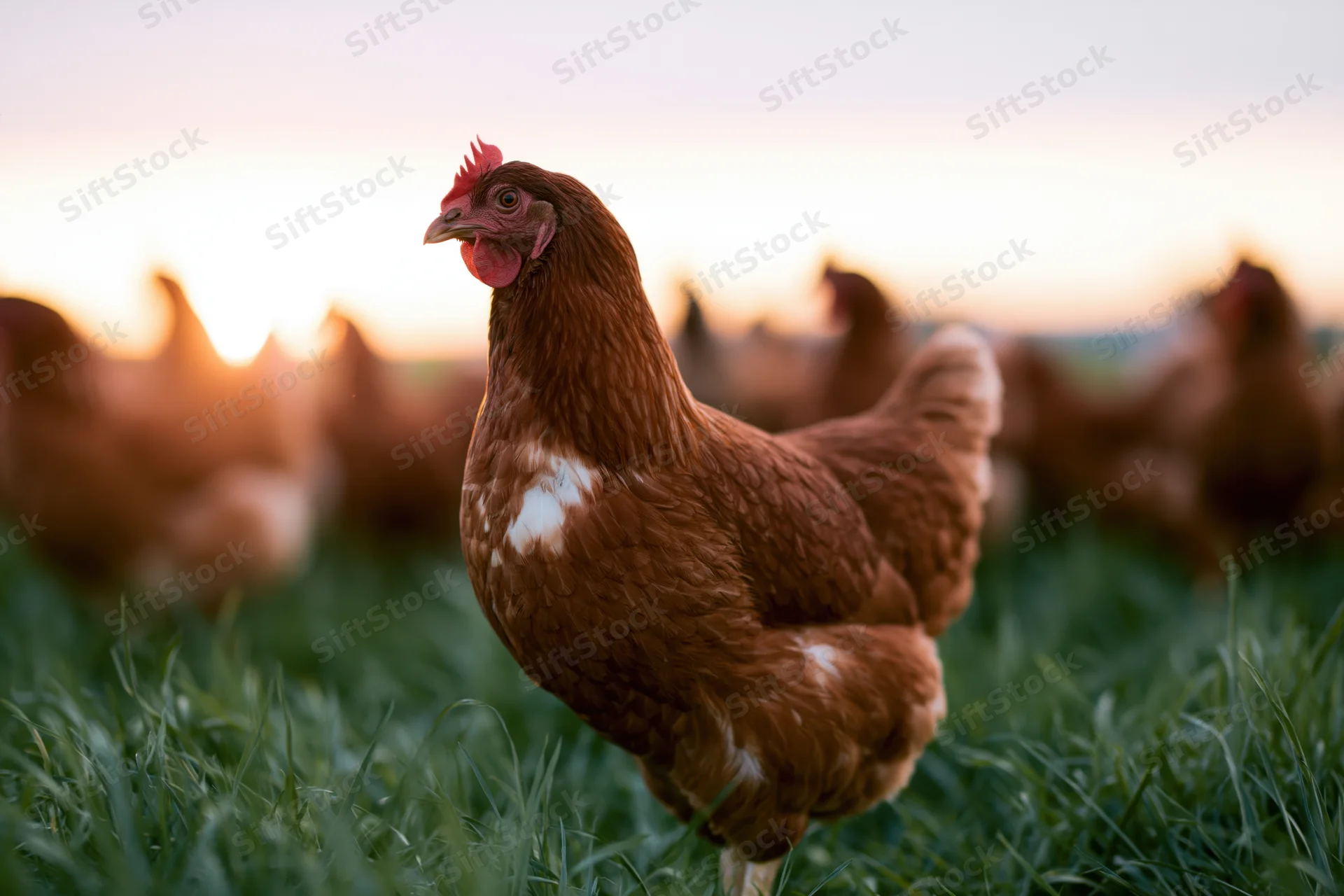 Brown hen standing alert in lush green pasture at sunset