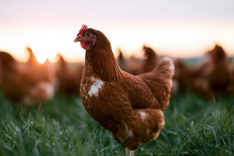 Brown hen standing alert in lush green pasture at sunset