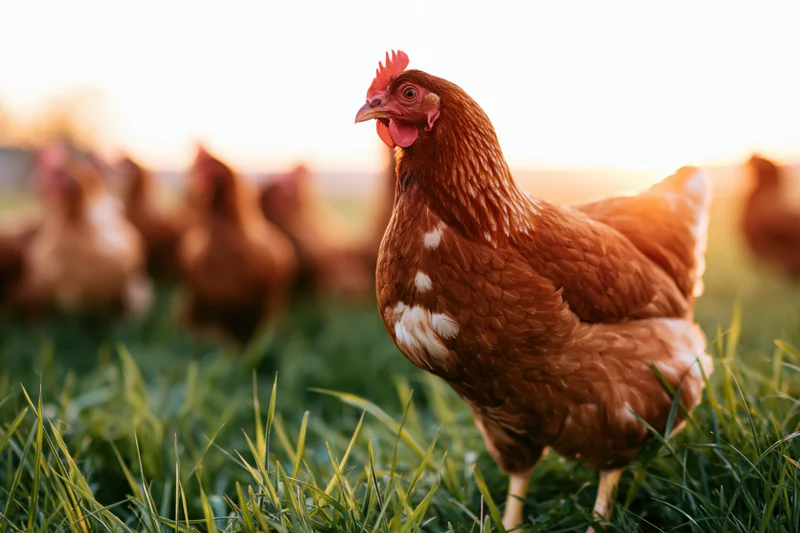 Brown hen standing alert in lush green pasture at golden hour