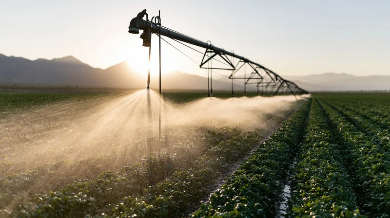 Center-pivot irrigation system spraying water across rows of crops in a field at sunset