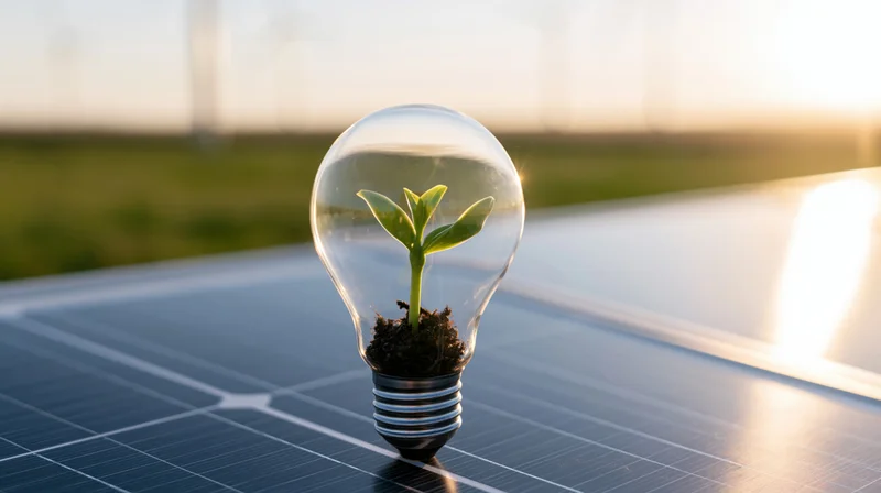 A seedling growing inside a lightbulb placed on a solar panel in a field at sunrise