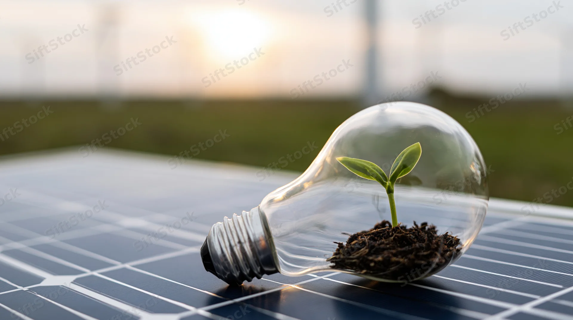 A lightbulb containing a growing seedling resting on a solar panel outdoors at sunset