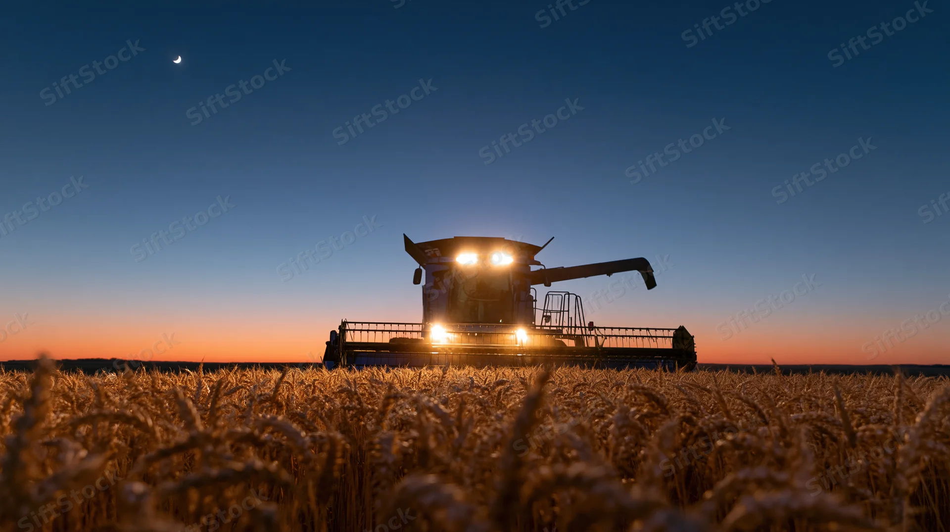 Combine harvester with headlights on working in a wheat field at dusk