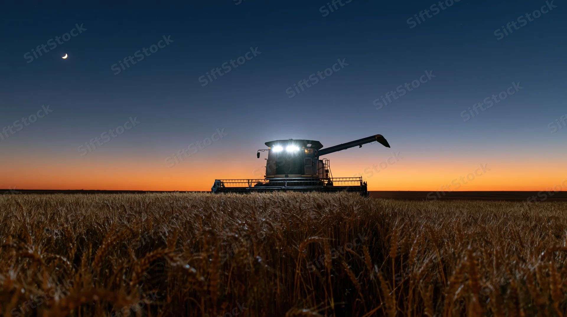Combine harvester harvesting wheat in a field at dusk under a crescent moon