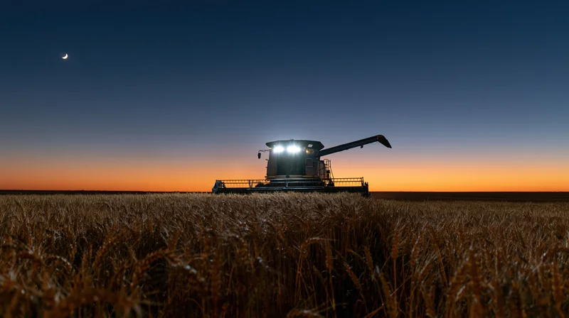 Combine harvester harvesting wheat in a field at dusk under a crescent moon