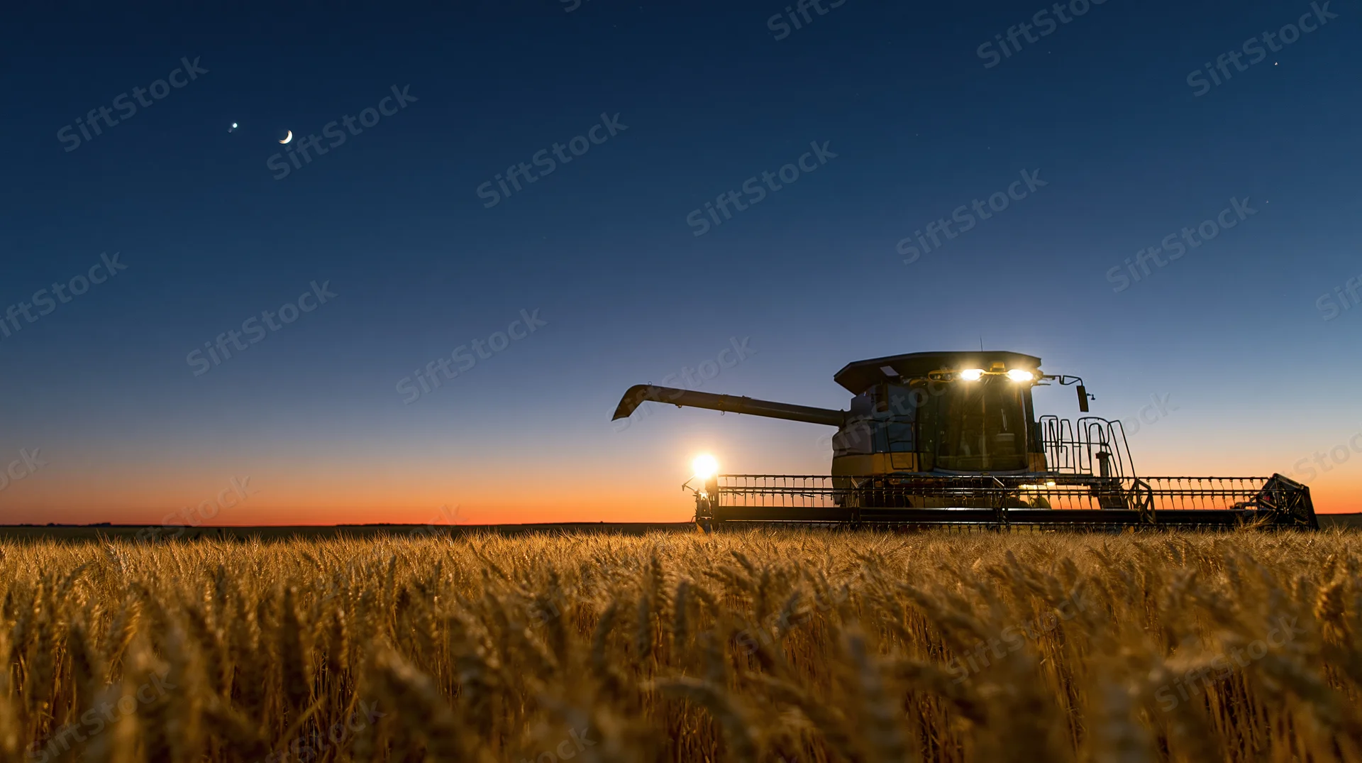 Combine harvester harvesting wheat in a field at dusk