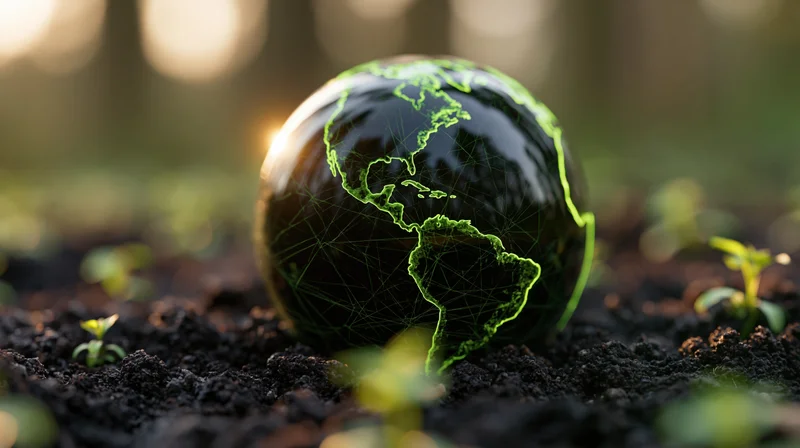 Dark glass globe glowing green continent outlines and lines