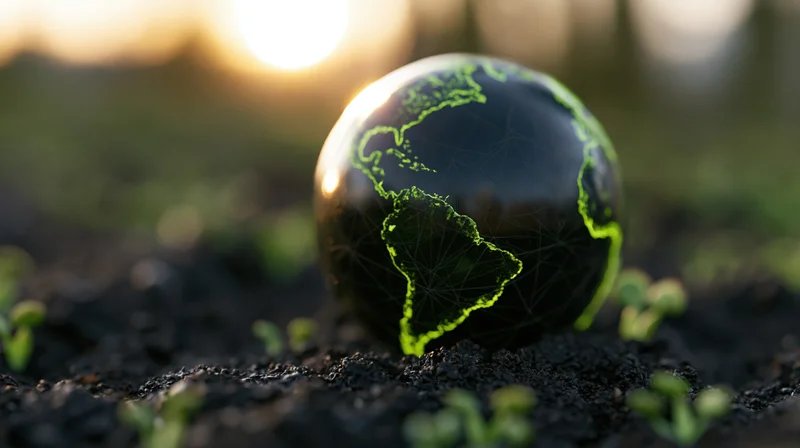 Dark glass globe with glowing green continents resting on soil with seedlings at sunrise