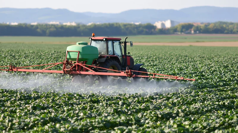 Red tractor spraying pesticide over green crop field in rural countryside