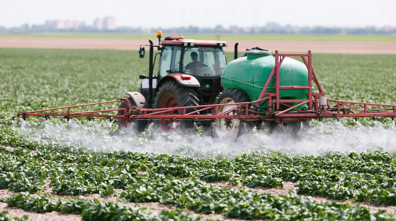 Tractor spraying pesticide on a green crop field