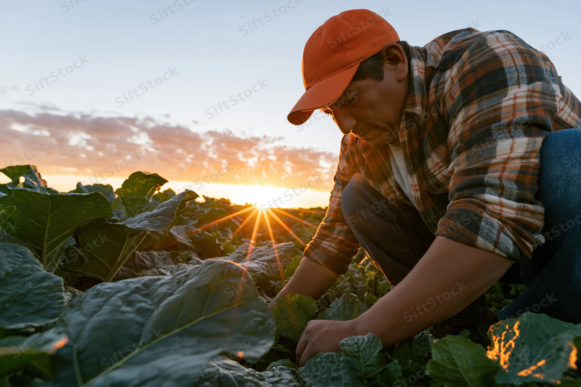 Farmer crouching among kale plants in a field at sunset
