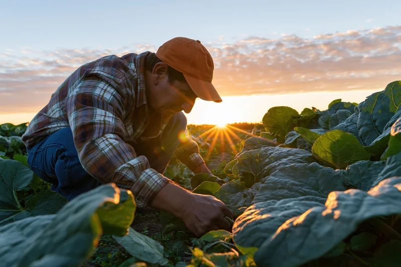 Farmer crouching among large-leafed crops in a field at sunset