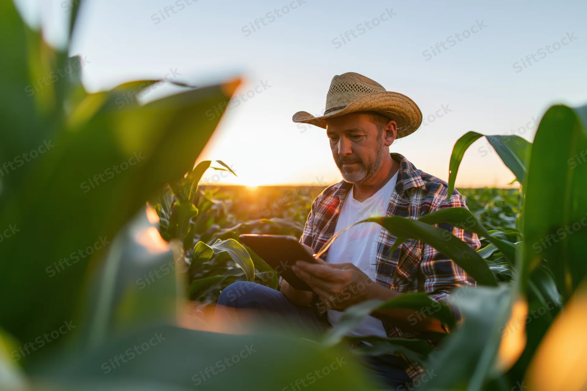 Farmer using tablet to inspect corn plants in field at sunset