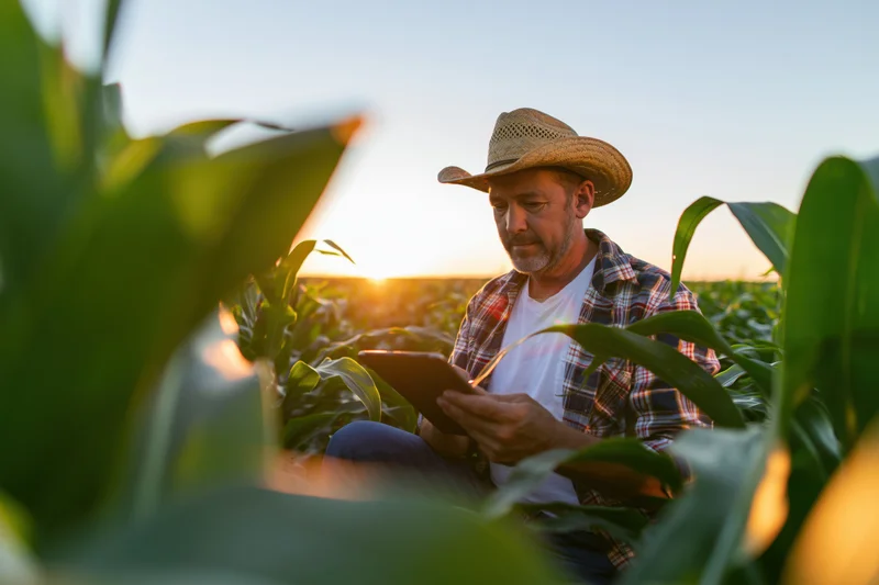 Farmer using tablet to inspect corn plants in field at sunset