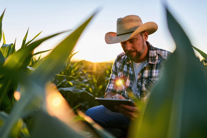 Farmer using tablet to inspect corn plants in field at sunset