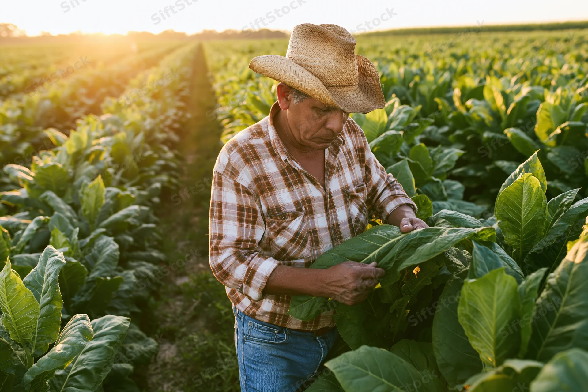 Farmer inspecting tobacco plants in a field at sunset
