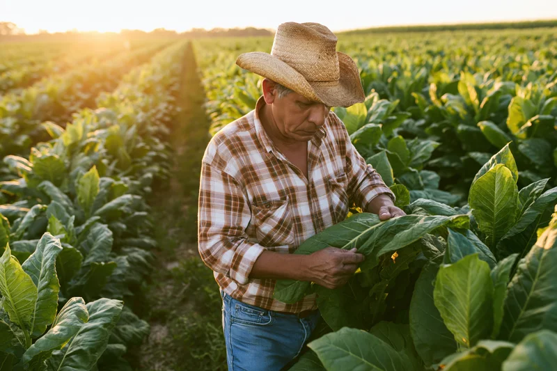Farmer inspecting tobacco plants in a field at sunset