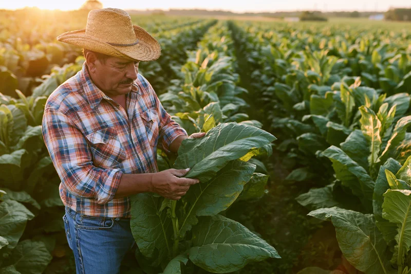 Senior hispanic farmer inspecting tobacco leaves in a field at sunset