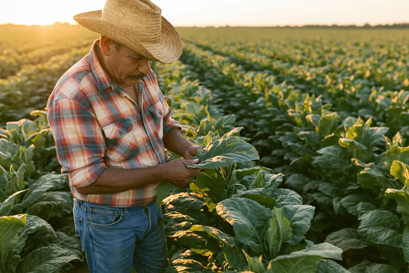 Farmer inspecting tobacco leaves in a field at sunset