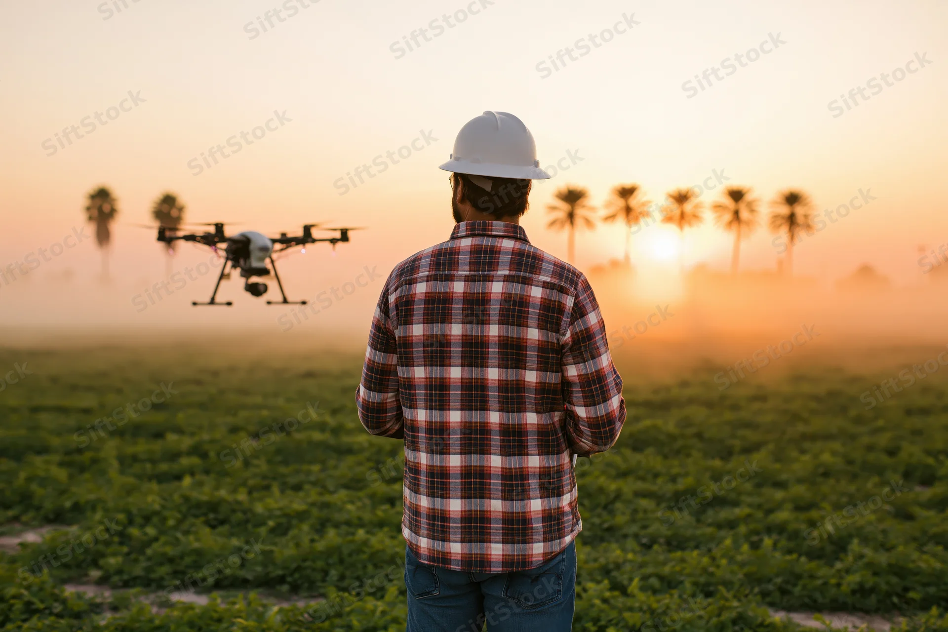 Farmer in plaid shirt and hard hat operating drone over crop field at sunset