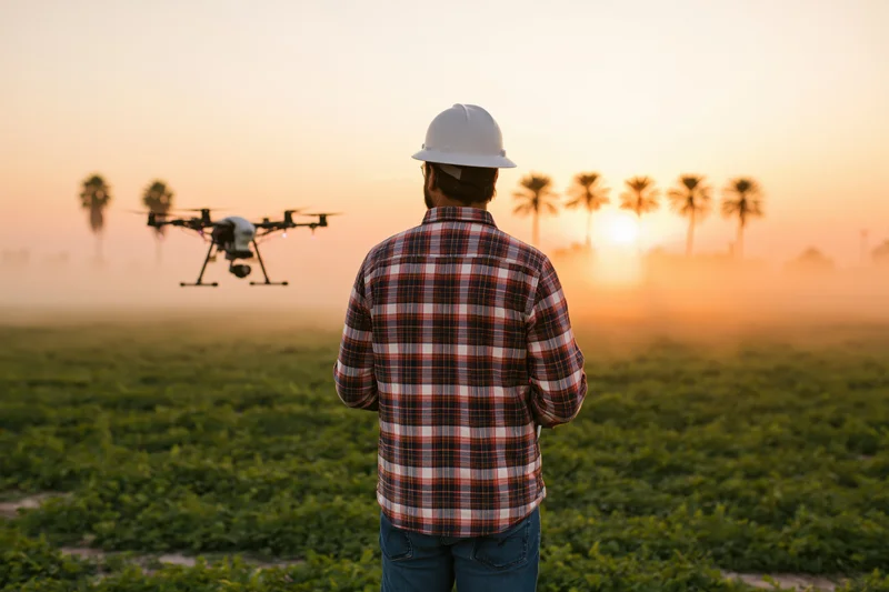 Farmer in plaid shirt and hard hat operating drone over crop field at sunset