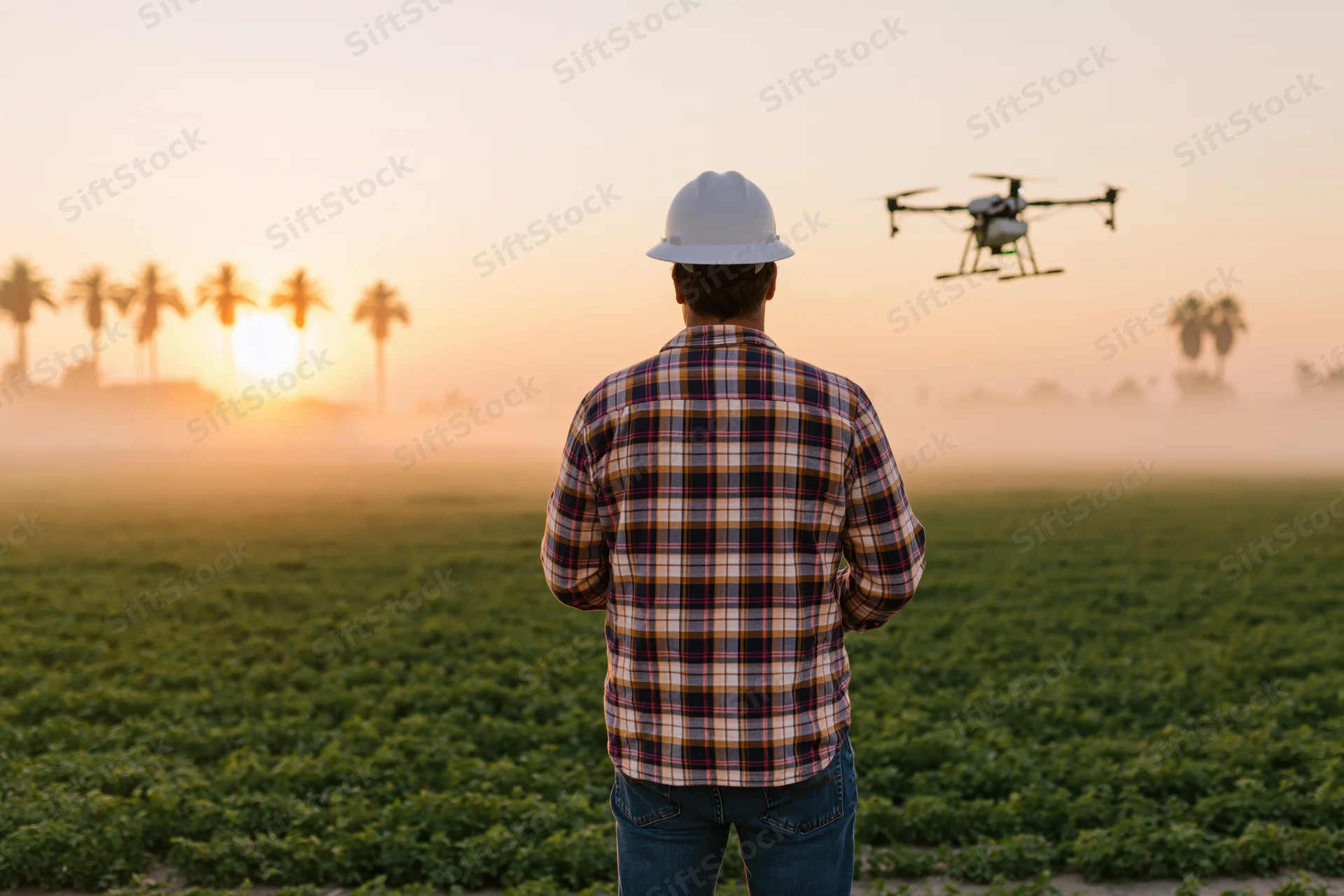Farmer in plaid shirt and hard hat observing drone over crop field at sunset