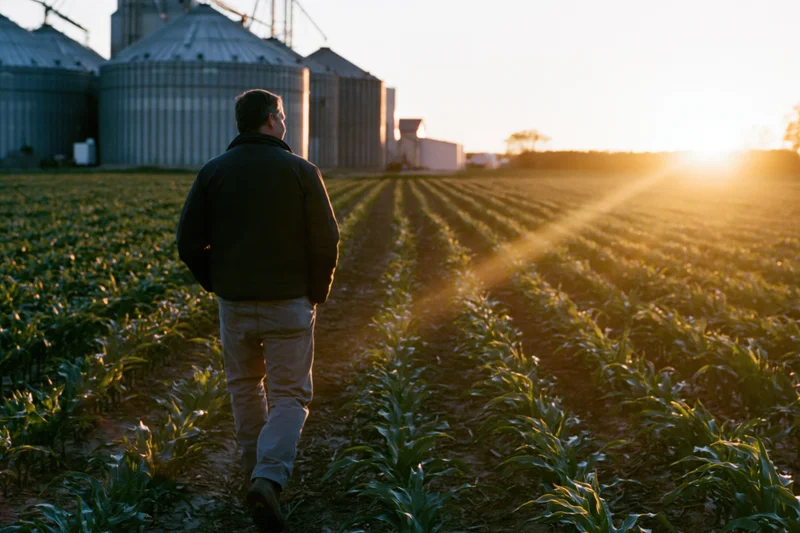 Farmer walking through rows of young corn in a field at sunset