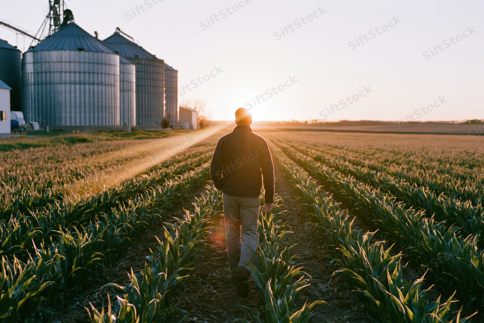 Farmer walking through rows of young corn in a field at sunset near silos