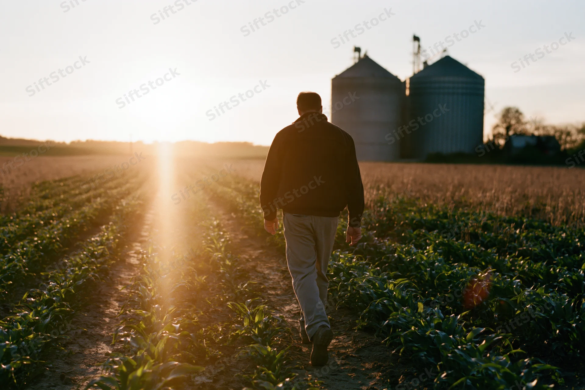 Farmer walking through rows of young corn in a field at sunset