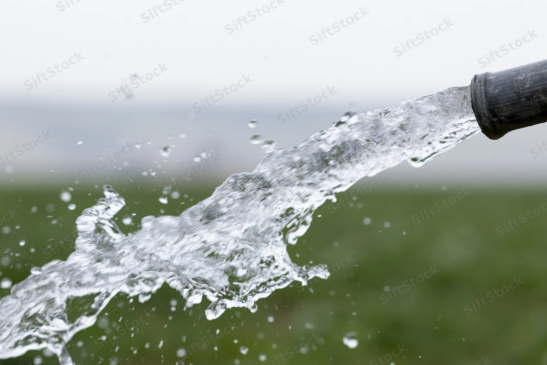 Forceful stream of clear water splashing from a garden hose outdoors