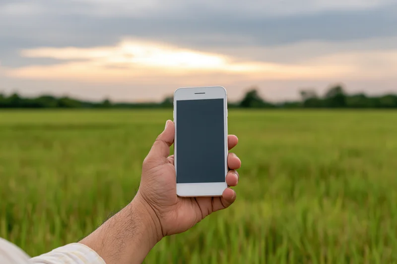 Hand holding white smartphone in front of green field at sunset